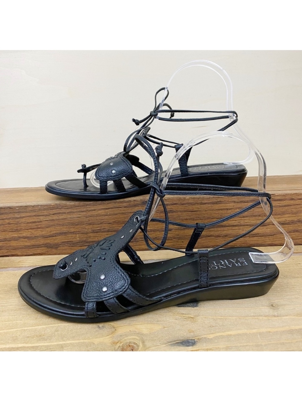 Franco Sarto tie up black leather 3/4 wedge low heel sandals with rivets studs - Picture 2 of 7